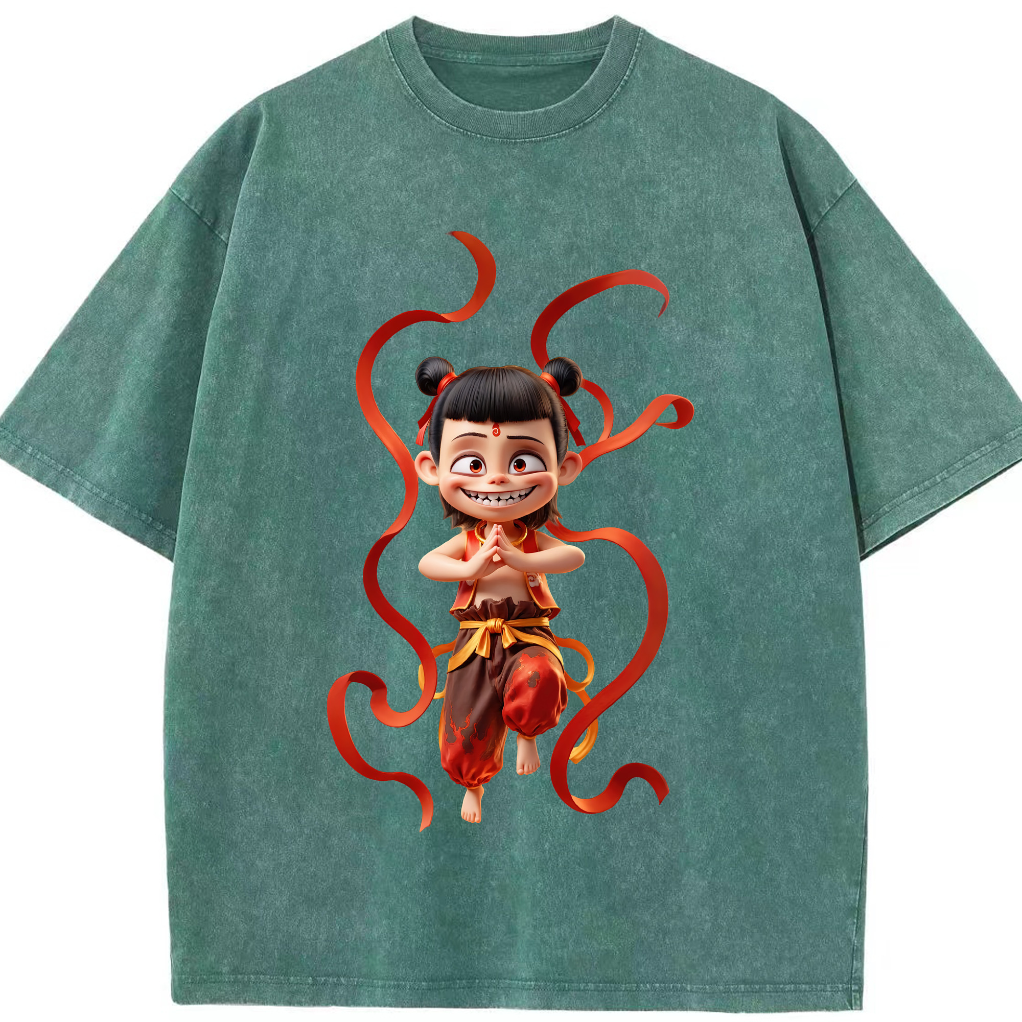（画像用） Ne Zha 2 ナタ 魔童の大暴れ 綿100% ヴィンテージ風 半袖Tシャツ（フロントプリント）